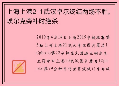 上海上港2-1武汉卓尔终结两场不胜，埃尔克森补时绝杀