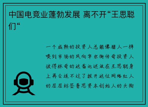 中国电竞业蓬勃发展 离不开“王思聪们“