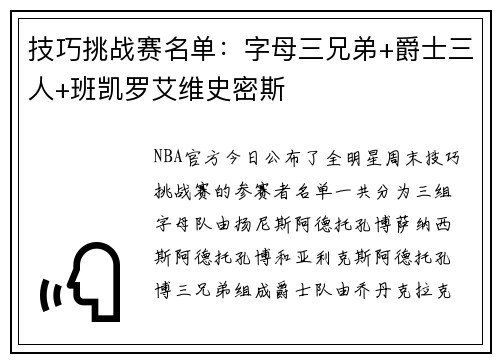 技巧挑战赛名单：字母三兄弟+爵士三人+班凯罗艾维史密斯