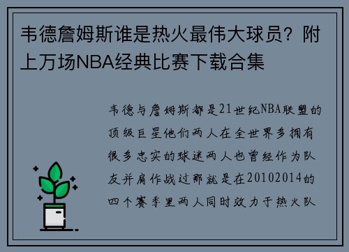 韦德詹姆斯谁是热火最伟大球员？附上万场NBA经典比赛下载合集